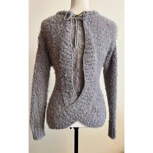 Knox Rose grey fuzzy chunky sweater with open back to lace insert SZ Small